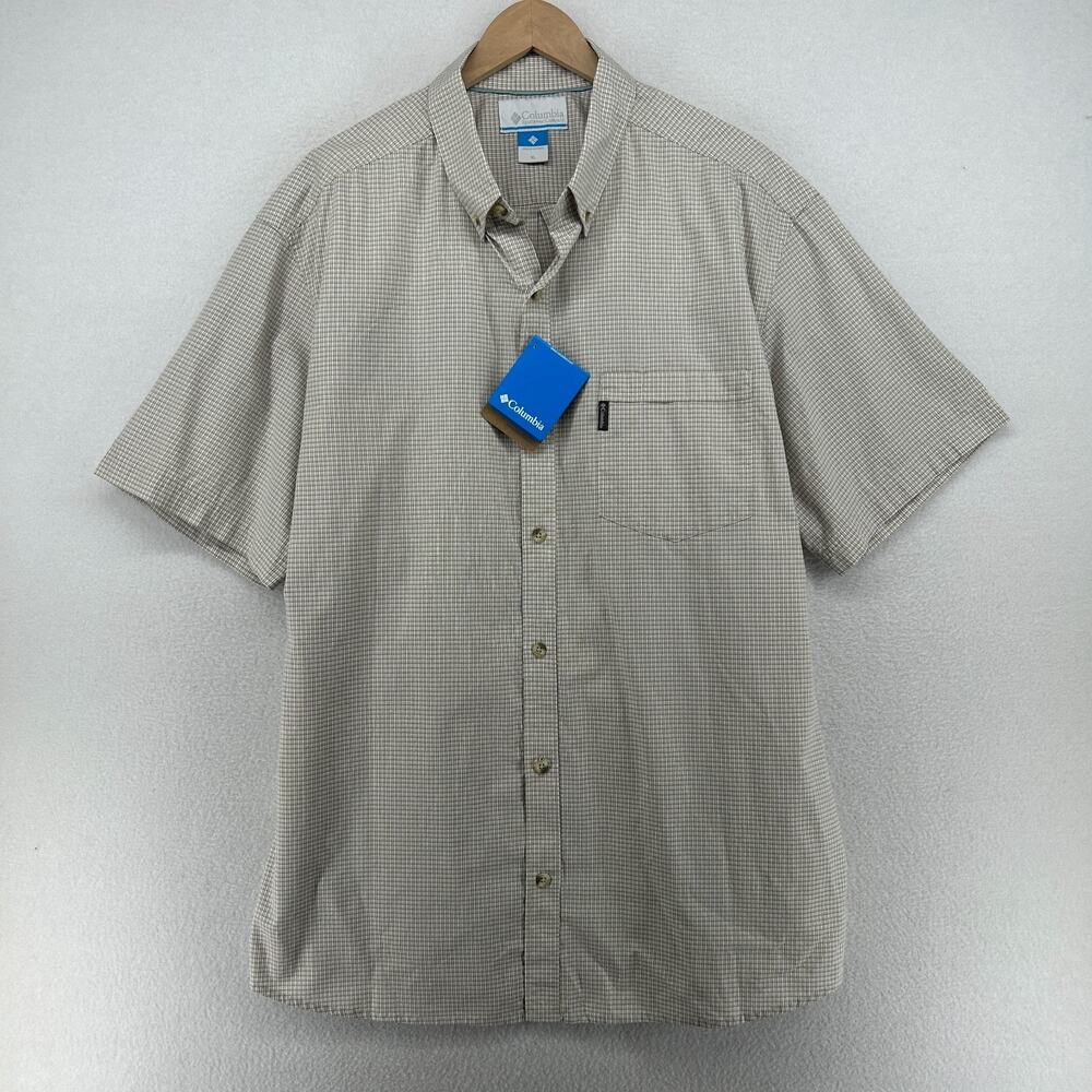 COLUMBIA Shirt Mens XL Talus Plaid Button Up Short Sleeve Camp Cotton Beige NEW
